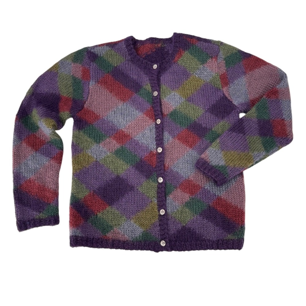 Vintage Hand Knit Mohair Cardigan Womens M Purple Argyle Fuzzy Sweater Excellent